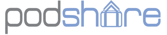 PodShare logo in gray and blue with house icon.