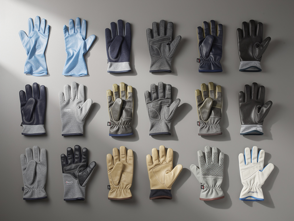 An overhead flat lay of several glove types arranged in rows on a neutral gray surface.