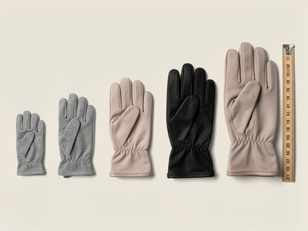 Gloves grouped by size on a plain background with a measuring tape beside them.
