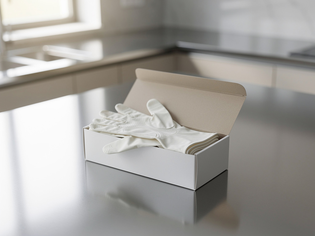 A box of disposable gloves open on a clean stainless steel counter in a kitchen.