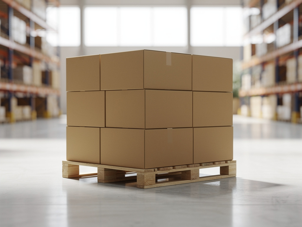 Stacked cardboard boxes on a pallet in a bright distribution warehouse.