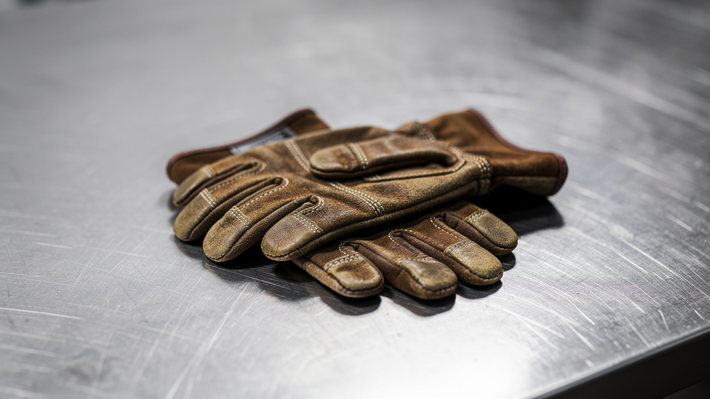 A pair of worn work gloves resting on a steel workbench under even industrial lighting.