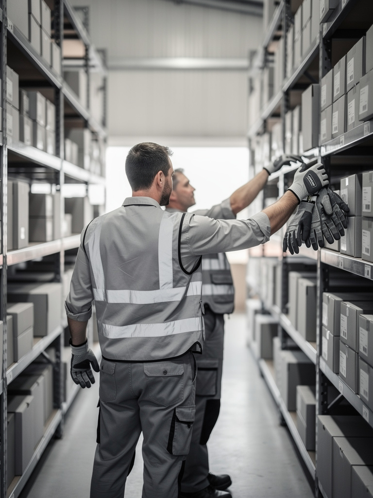 Two workers seen from behind in a warehouse aisle, pulling gloves from a stocked shelf.