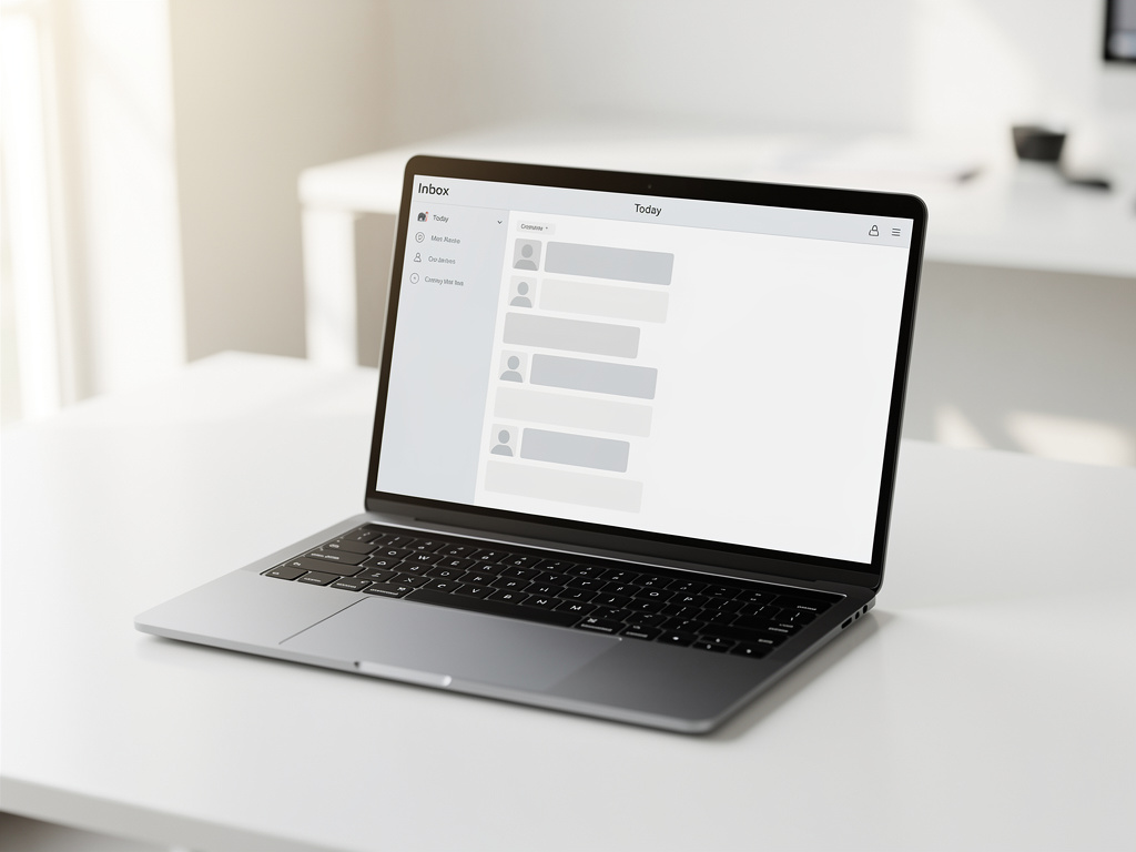 A single laptop screen on a white desk showing a tidy message list, viewed slightly from above.