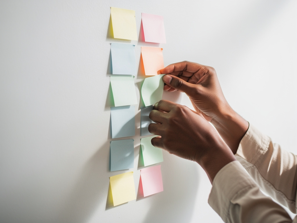 A person's hands organizing colored sticky notes into neat columns on a white wall.
