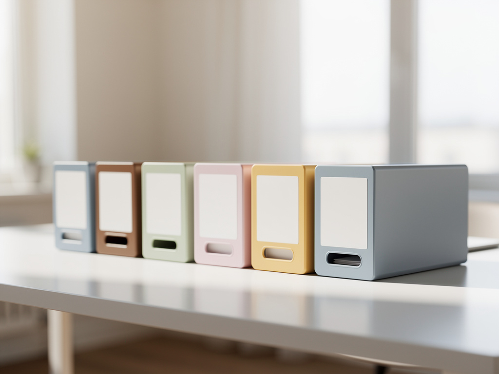 A row of labeled file trays lined up on a clean desk in soft daylight.