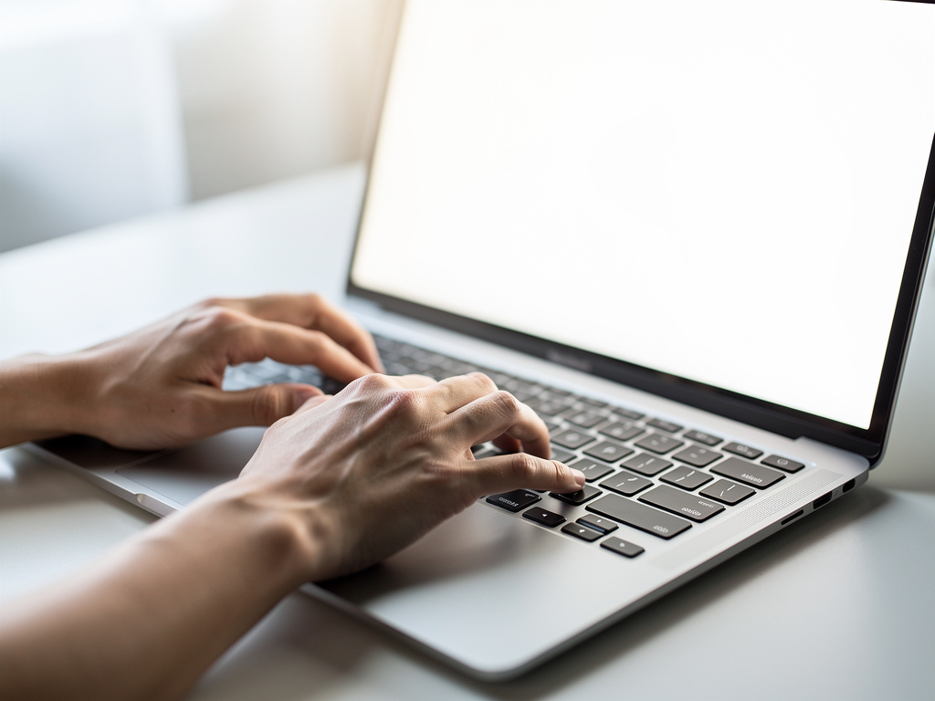 A close-up of hands typing on a laptop keyboard with a blurred bright screen behind.