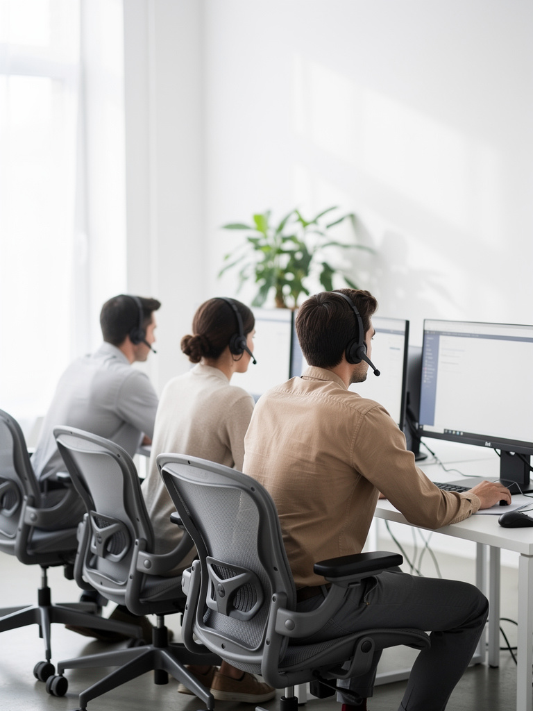 A small support team seen from behind, sitting at a row of desks with headsets and monitors in a light, minimal office.