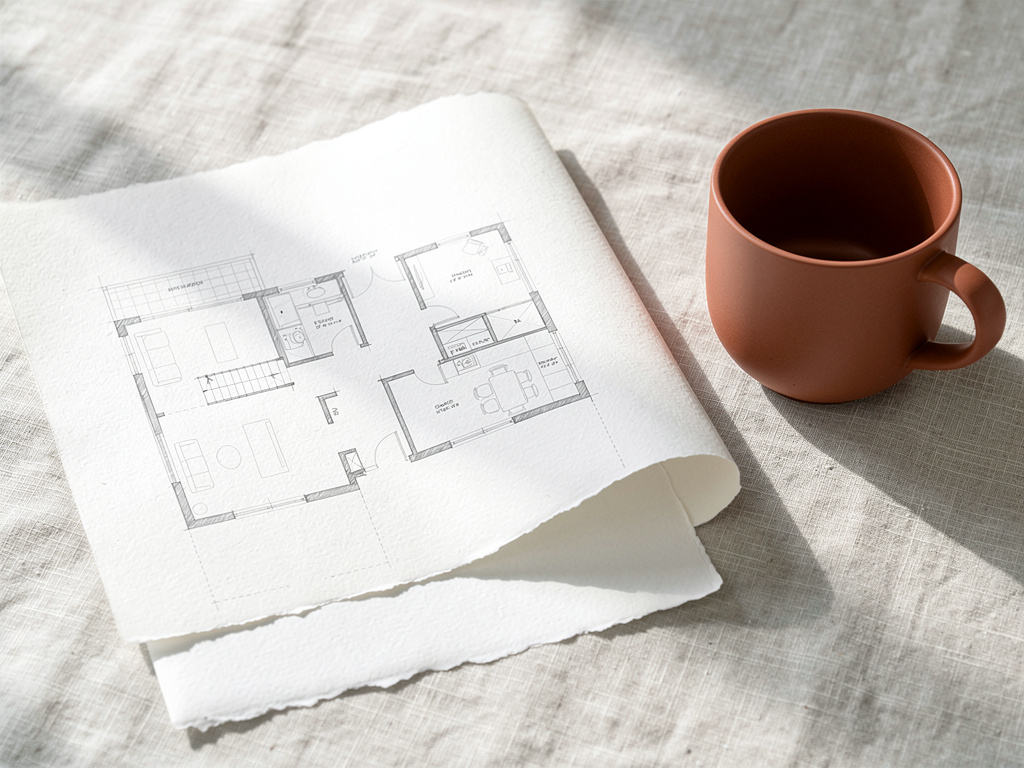 A hand-sketched floor plan resting on a pale linen surface beside a terracotta ceramic cup.