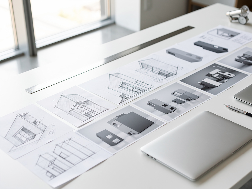 A sequence of drawings and 3D views spread across a bright studio table near a window.