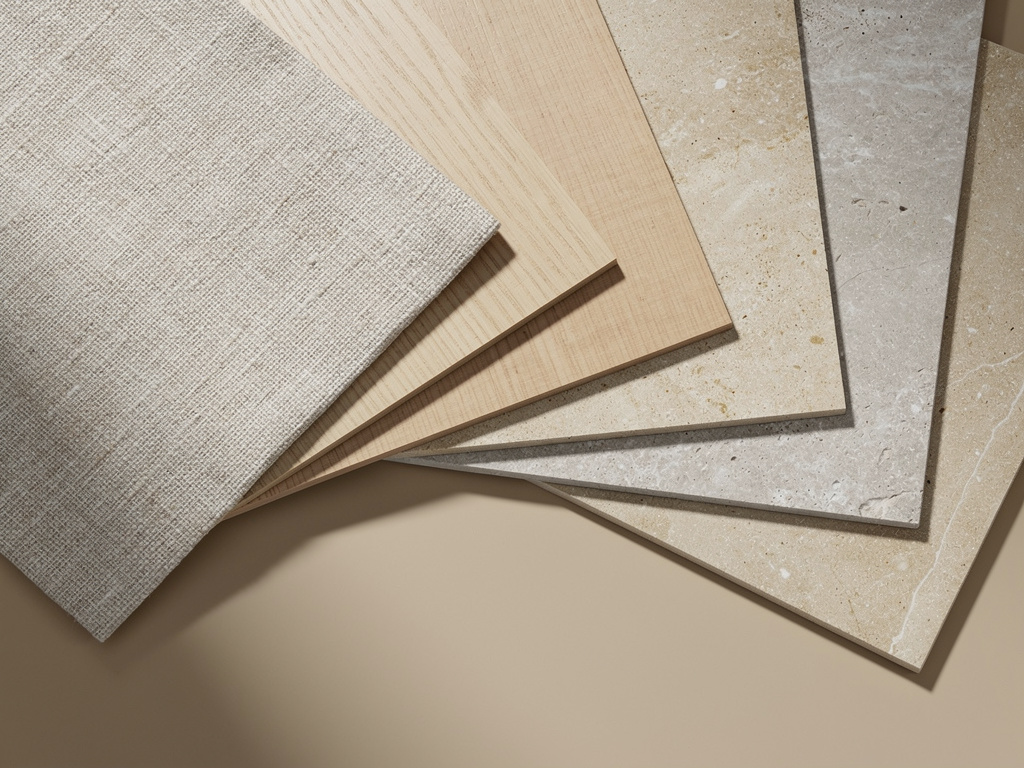 Close-up of linen, wood and stone samples fanned out on a sand-colored surface.