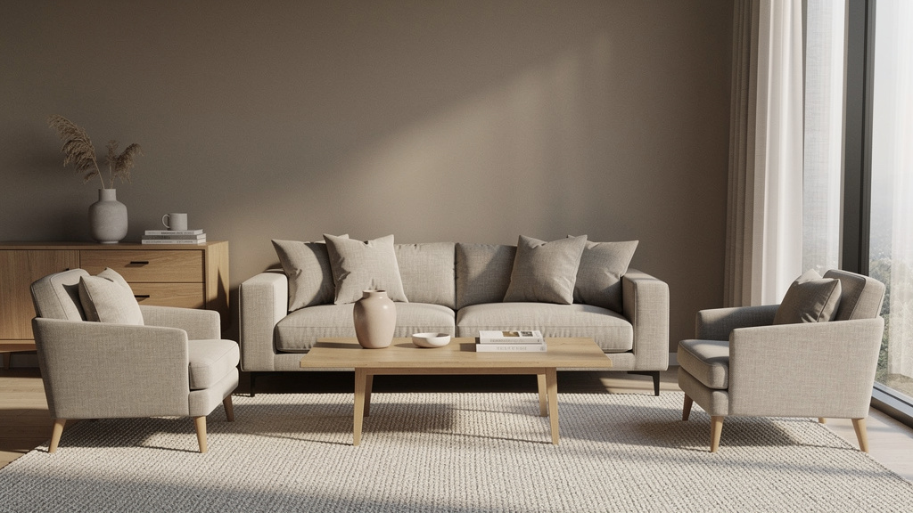 Wide shot of a serene living room in sand and graphite tones with linen upholstery, oak furniture and soft daylight from