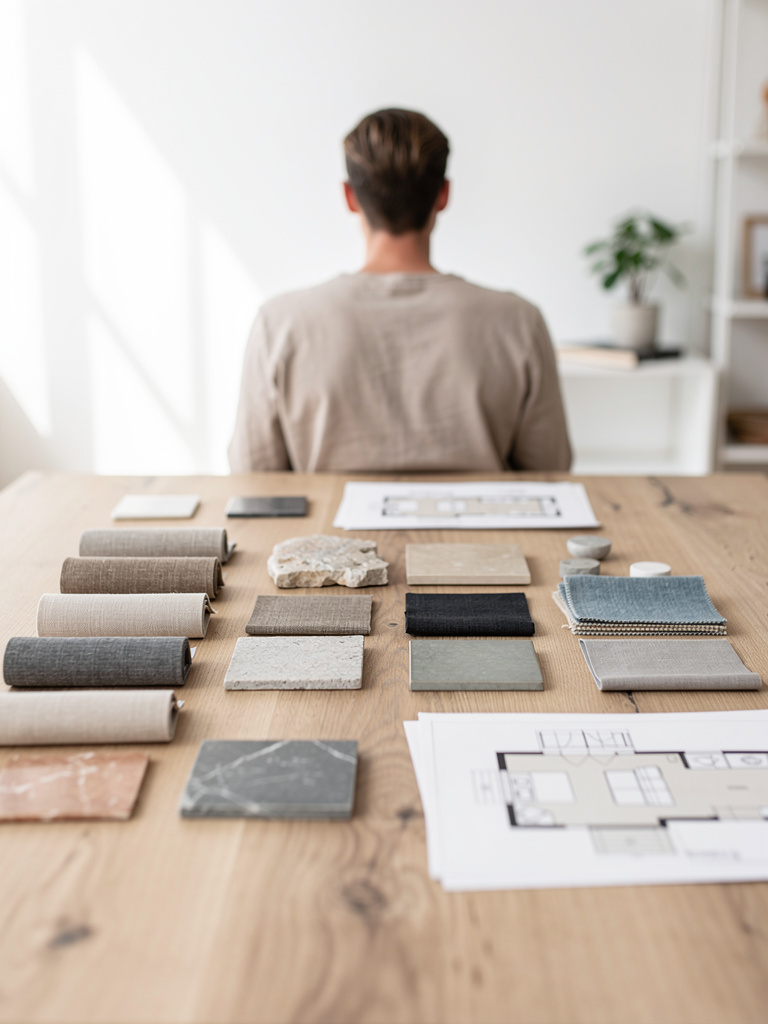 A designer seen from behind at a wide wooden table, arranging fabric swatches, stone tiles and floor plans.