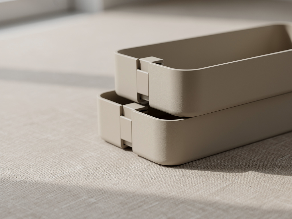 Close-up of two organizer modules interlocking as one is lowered onto the other on a linen surface.