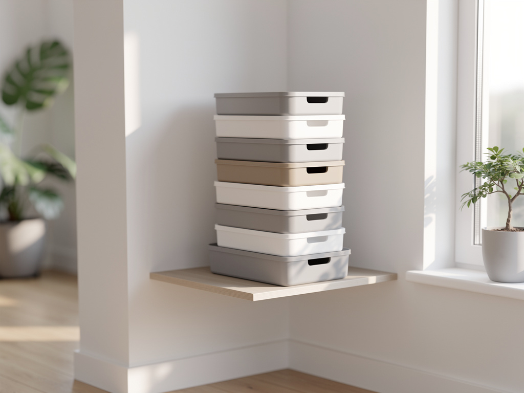 A tall narrow stack of organizers on a slim shelf in a compact, sunlit apartment corner.