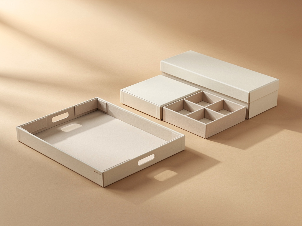 A single open tray beside a grouped set of boxes and dividers arranged on a sand-colored background.