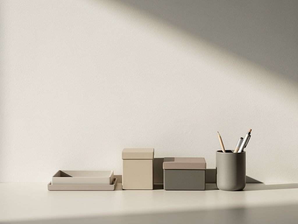 A low, calm still life of neutral-toned organizers against a pale wall with generous empty space around them.
