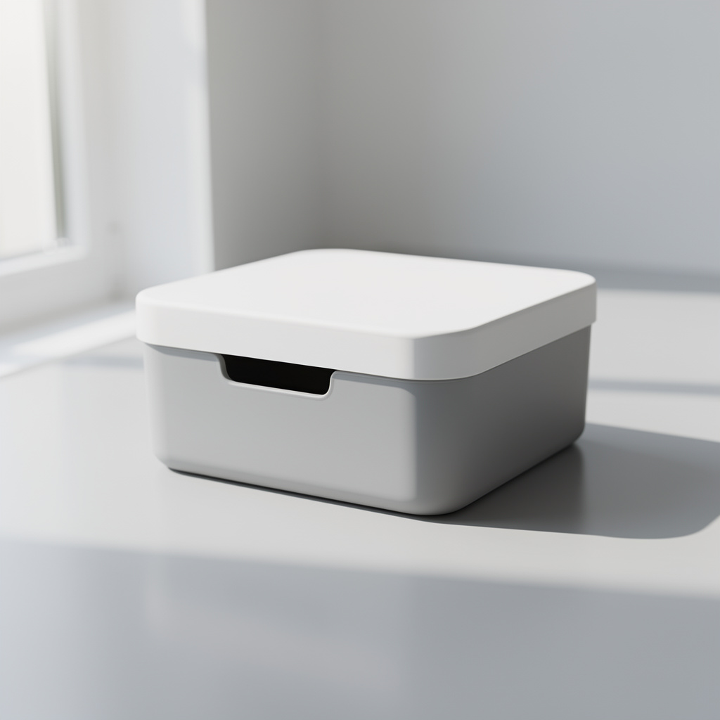 A single unbranded stackable organizer box photographed alone on a clean light surface in soft natural light.