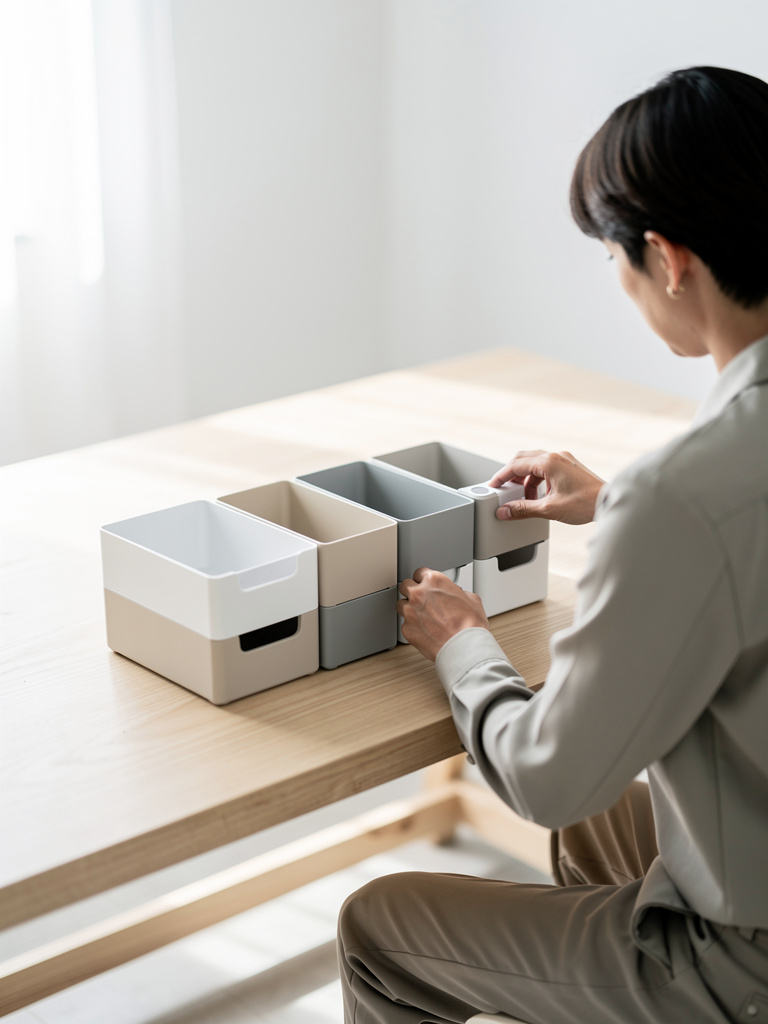 A person seen from behind at a bright wooden worktable, arranging stackable organizer modules into a neat row.