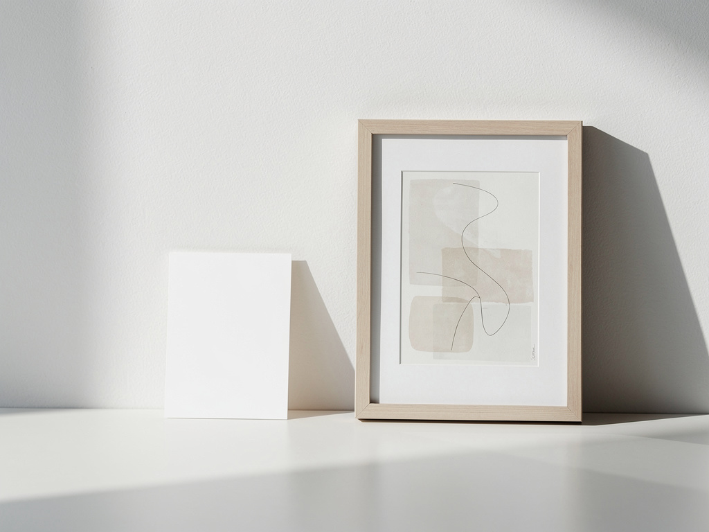 A small label-free index card beside a framed drawing on a plain white wall.