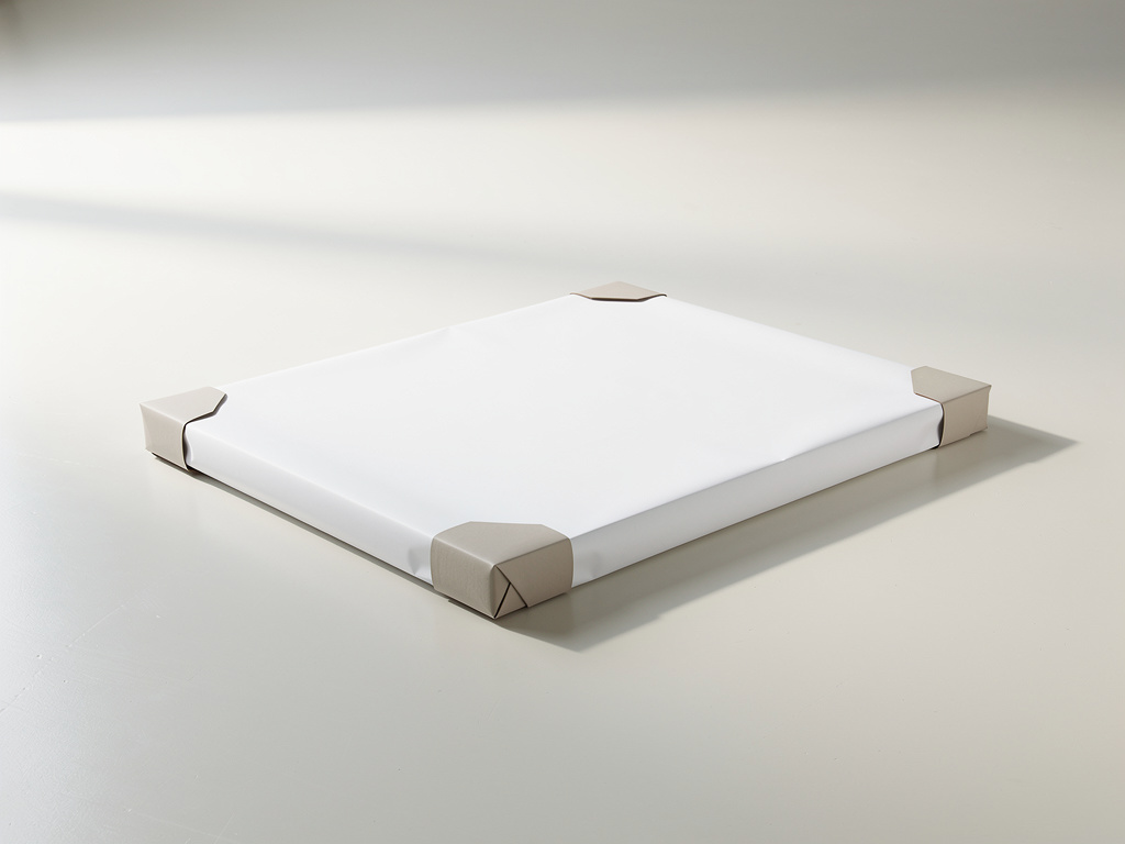 A wrapped flat artwork in protective paper and corner guards resting on a clean studio floor.
