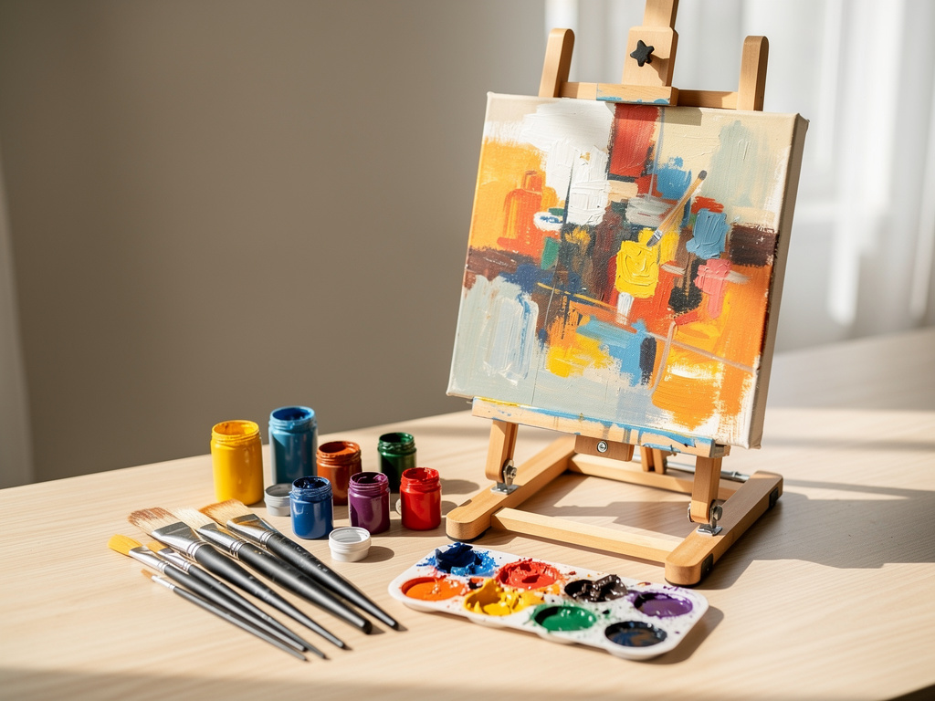 Brushes, pigments and a half-finished canvas on an easel in natural light.