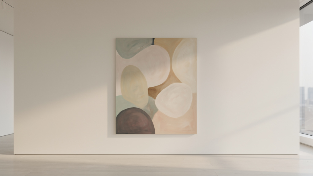 A large abstract painting hanging alone on a wide off-white gallery wall, lit by soft daylight.