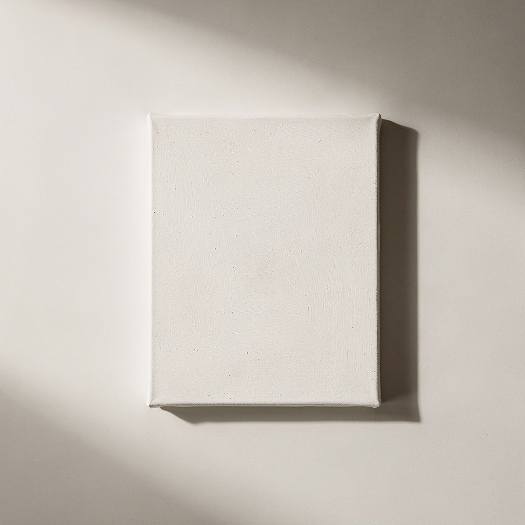 A single unframed painting lying flat on a smooth off-white surface, photographed from above.