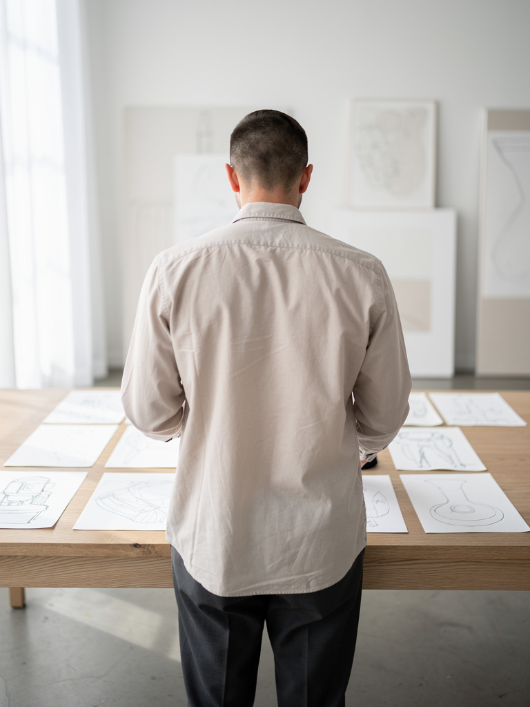 A person seen from behind in a quiet studio, arranging drawings on a long wooden table.