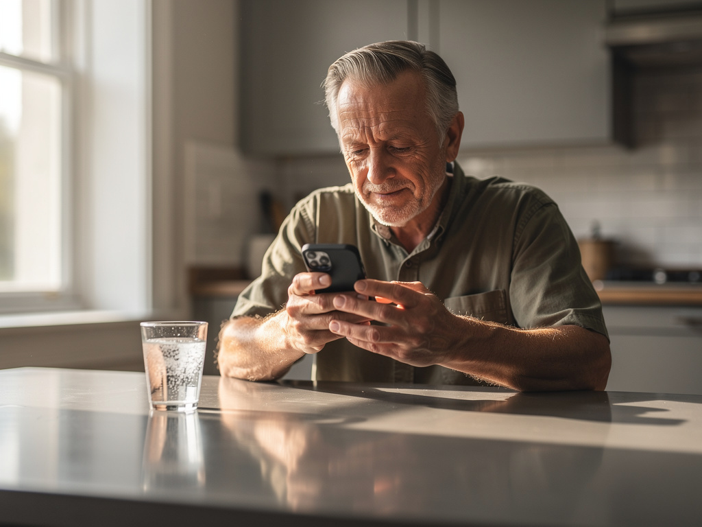 a man in his fifties reading on his phone at a kitchen table