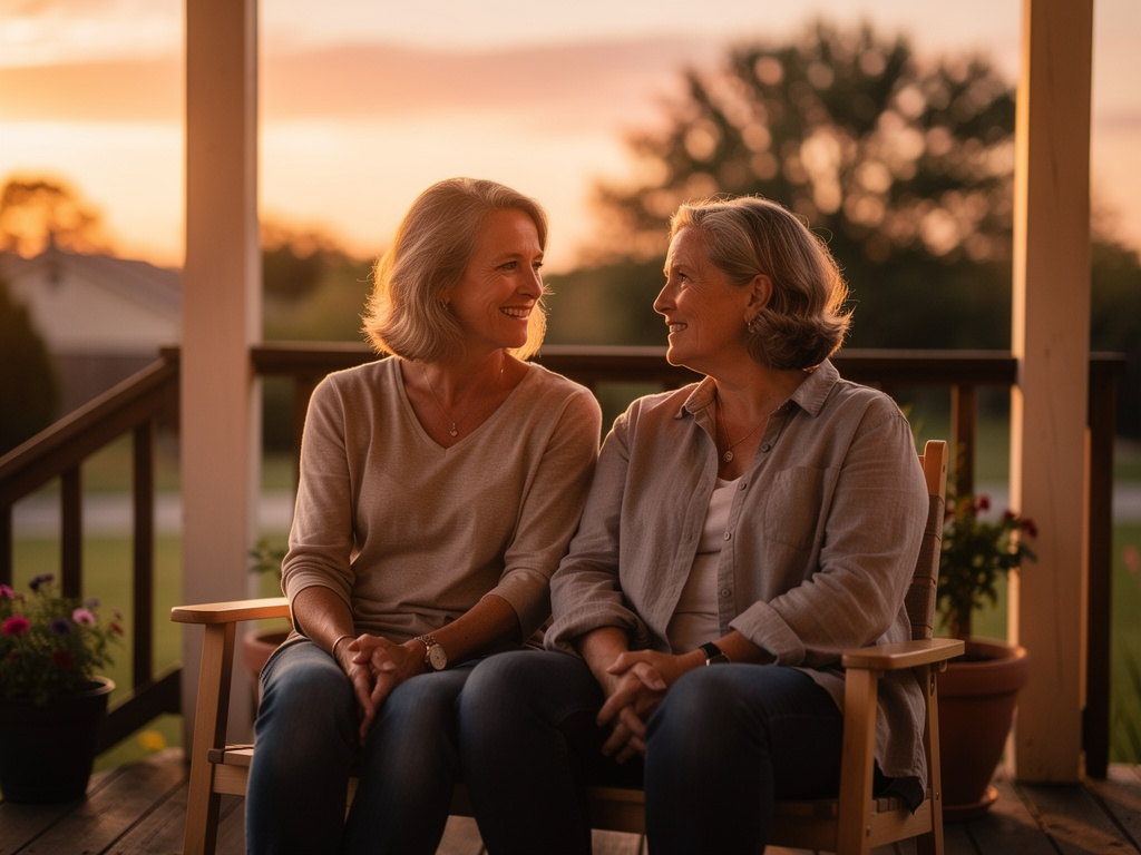 a couple in their fifties sitting on a porch at sunset