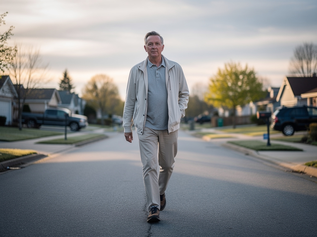 a man in his fifties walking a quiet neighborhood street in the early morning