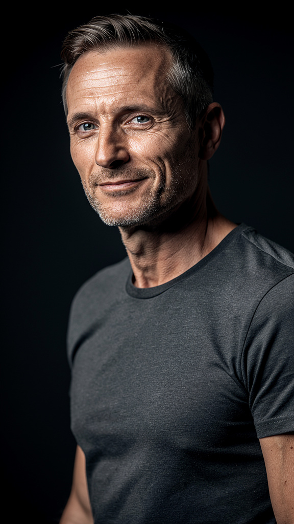 photorealistic portrait of a lean man in his fifties, calm confident expression
