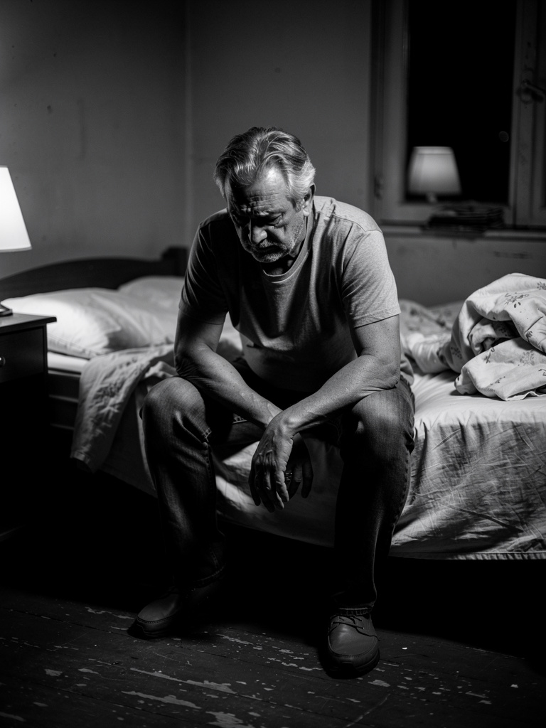 black and white photo, a man in his fifties sitting on the edge of a bed at night
