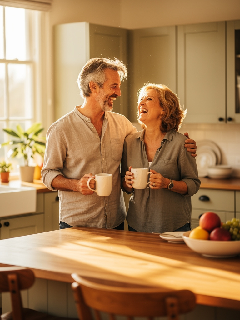warm color photo, a man in his fifties and his wife laughing in a sunlit kitchen