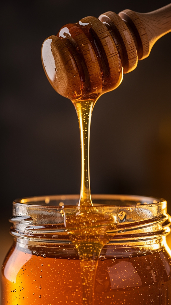Raw honey dripping from a wooden dipper