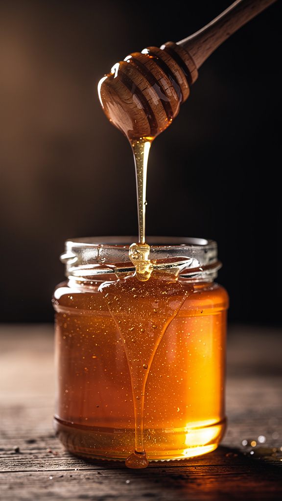Golden honey dripping from a wooden dipper