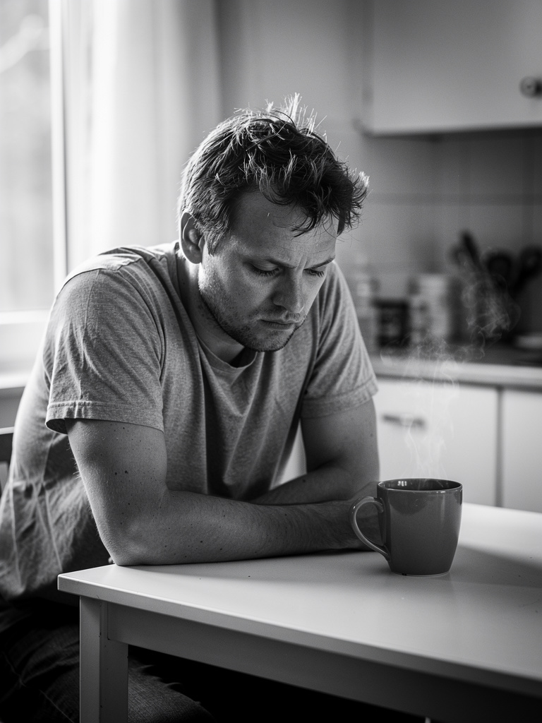 Tired man at a kitchen table