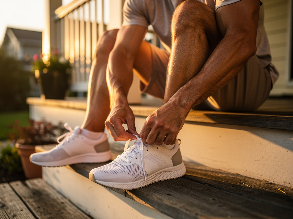 Man lacing running shoes