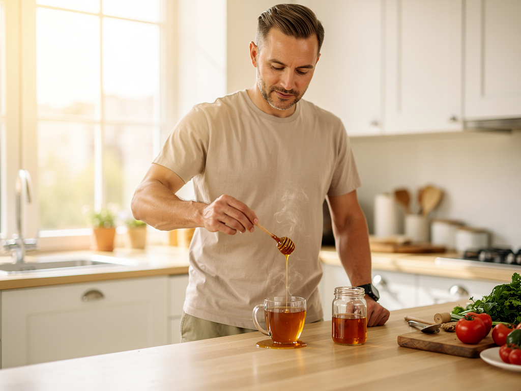 Man stirring honey into tea