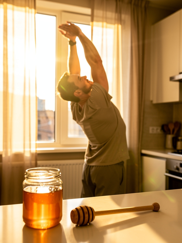 Energetic man stretching by a sunny window