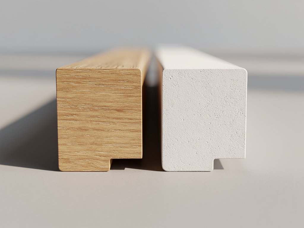 Close-up of two profile samples in wood and plaster resting side by side in soft daylight.