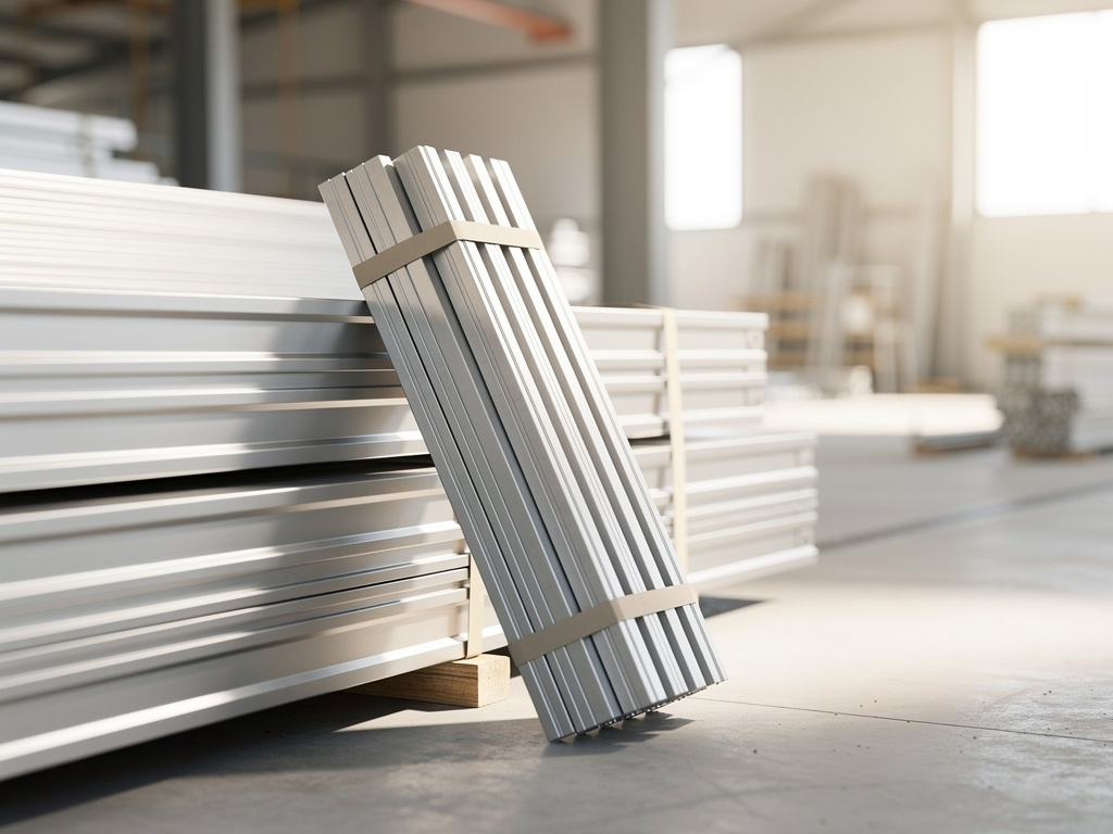A stack of long profiles bundled and leaning in a bright storage area on a job site.