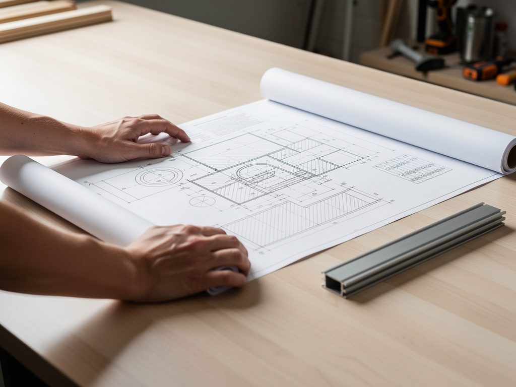 Hands unrolling a technical drawing on a workbench next to a single profile sample.
