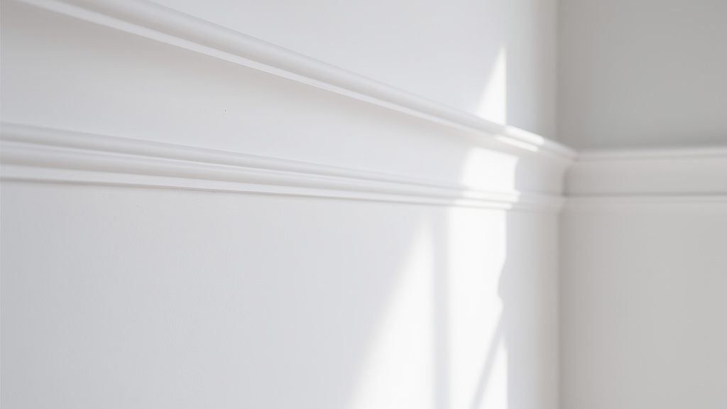 Natural daylight grazing a plaster cornice and wall molding in an empty, minimal white room.