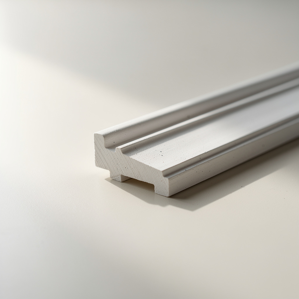 A single plaster molding profile placed alone on a clean off-white surface in natural light.