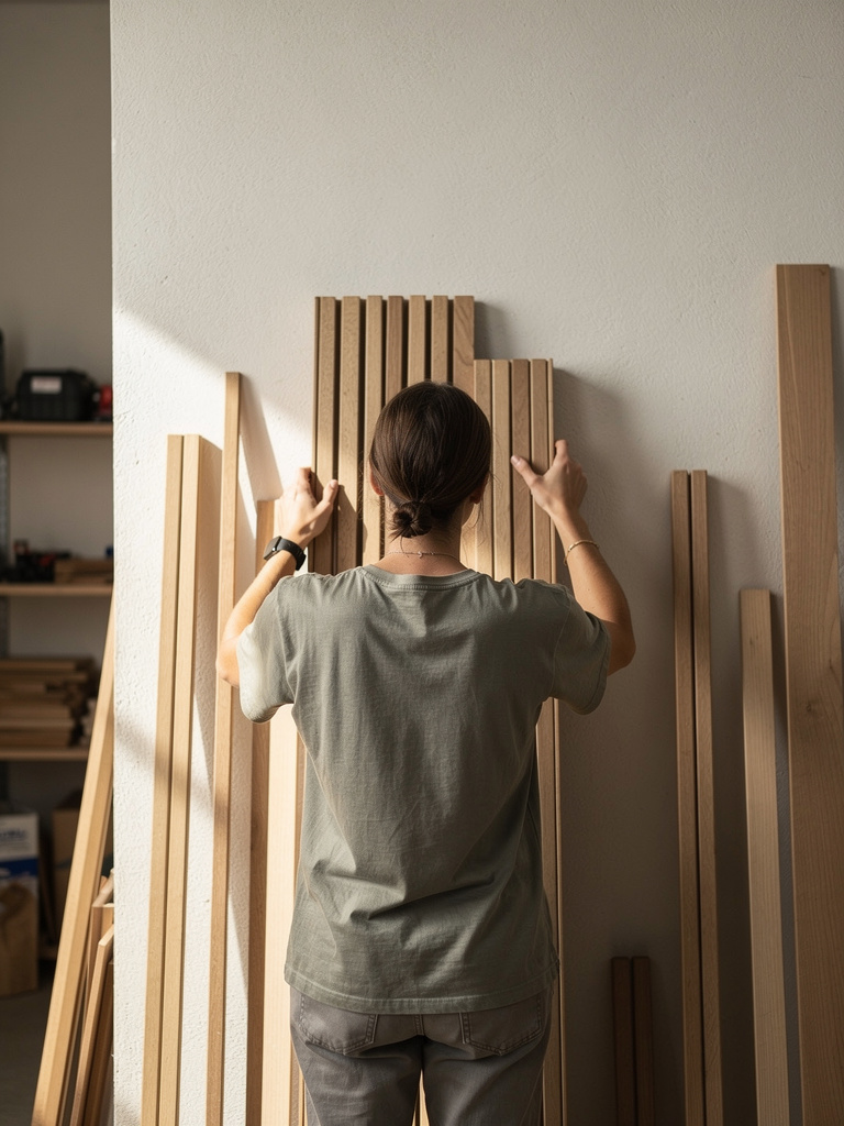 A person seen from behind in a quiet workshop, sorting long wooden profiles against a plaster wall.